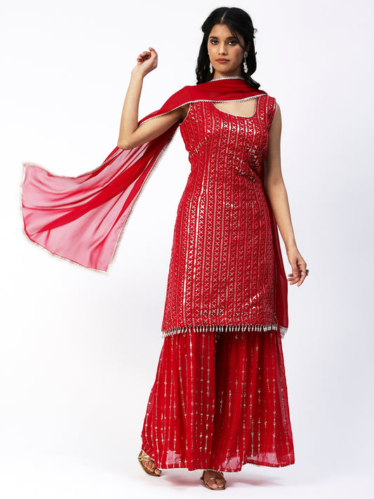 Red Georgette Sharara Suit With Embroidery - PepaBai