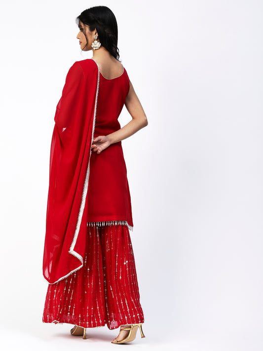 Red Georgette Sharara Suit With Embroidery - PepaBai