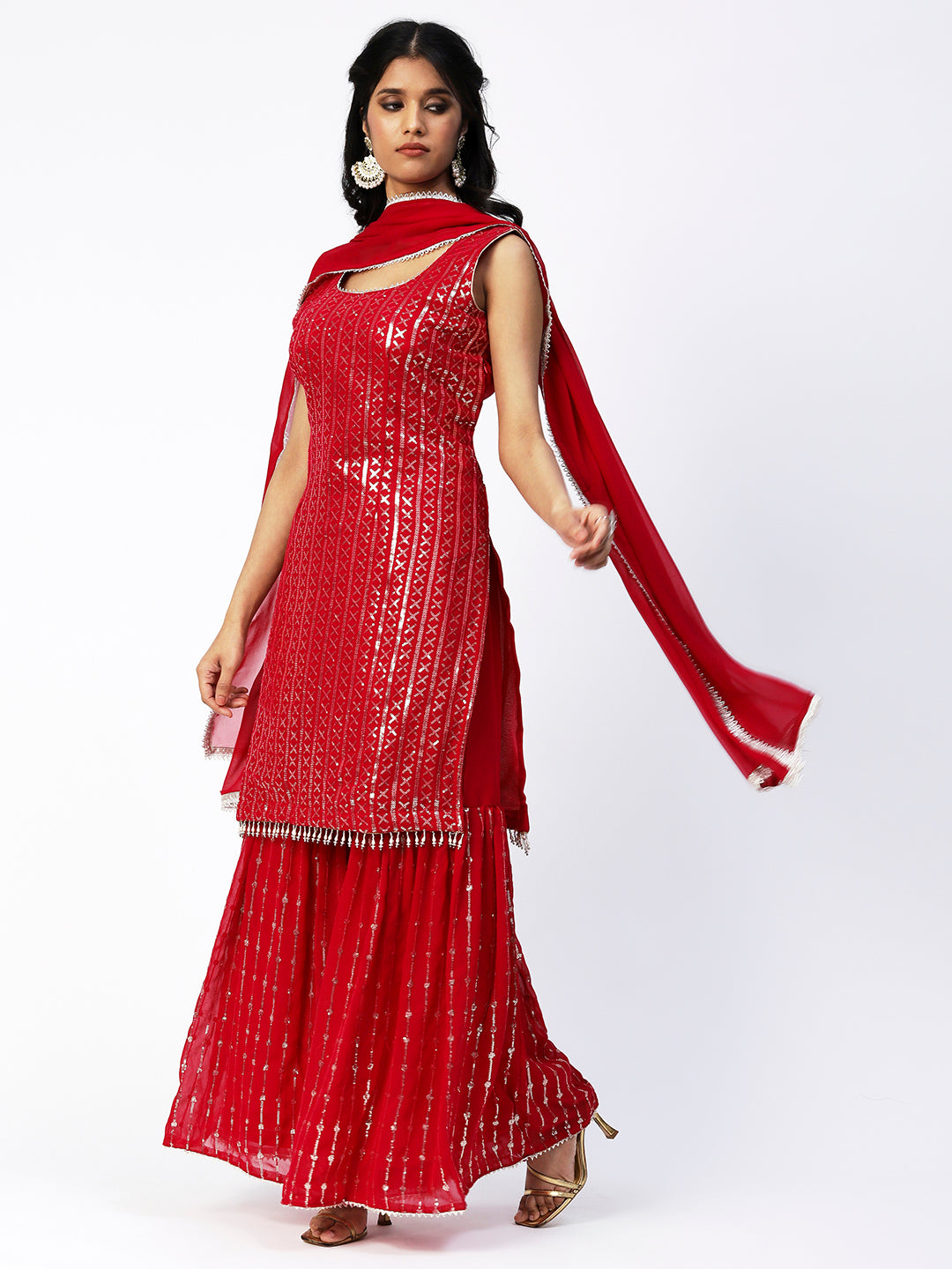 Red Georgette Sharara Suit With Embroidery - PepaBai