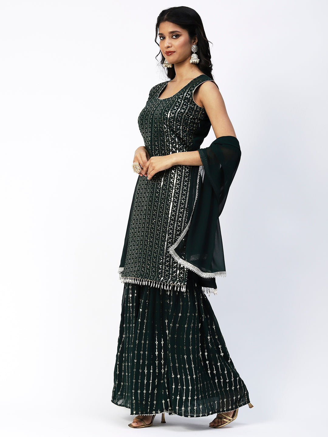 Bottle Green Georgette Sharara Suit With Embroidery - PepaBai