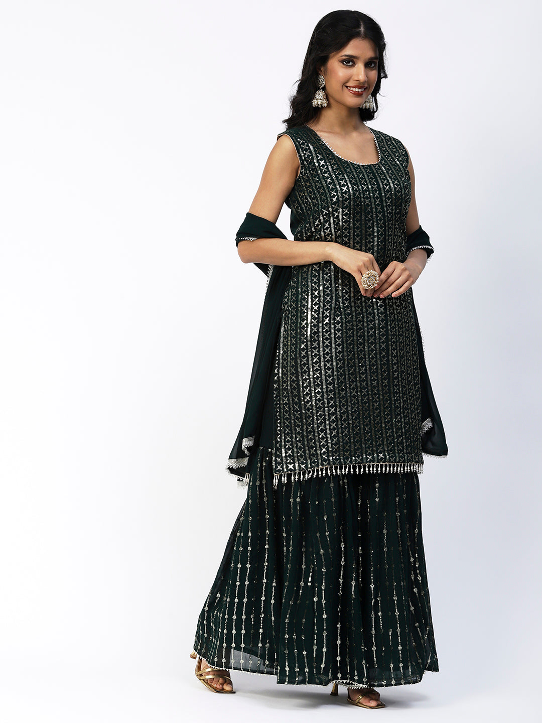 Bottle Green Georgette Sharara Suit With Embroidery - PepaBai