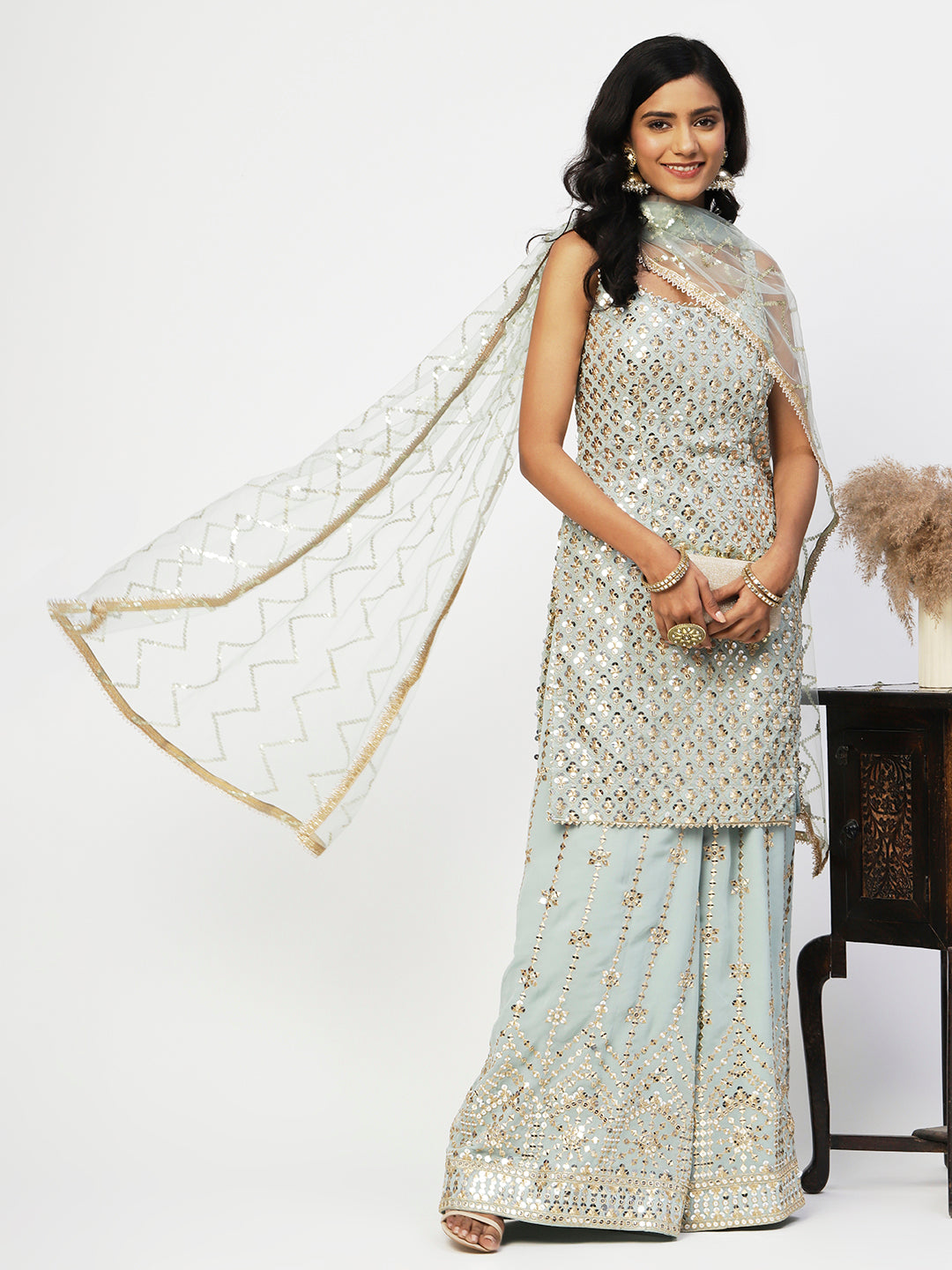 Light Blue Georgette Sharara Suit With Embroidery - PepaBai