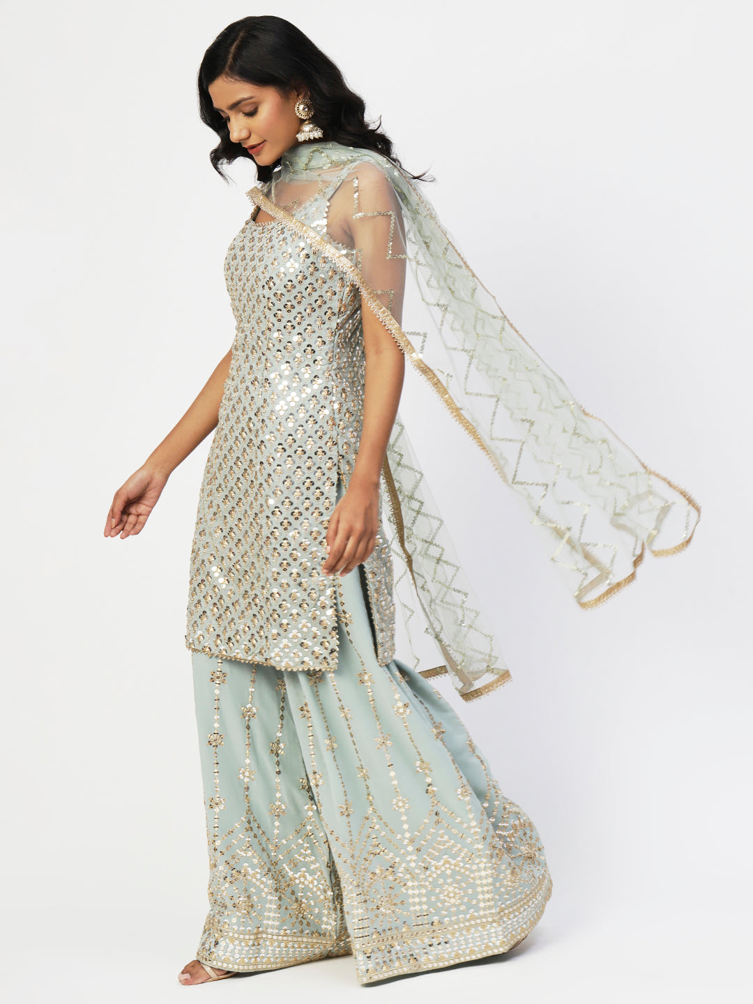 Light Blue Georgette Sharara Suit With Embroidery - PepaBai