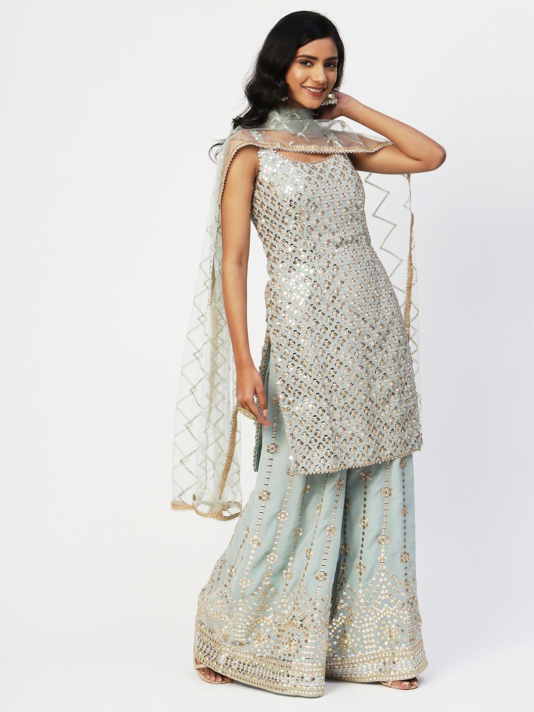 Light Blue Georgette Sharara Suit With Embroidery - PepaBai