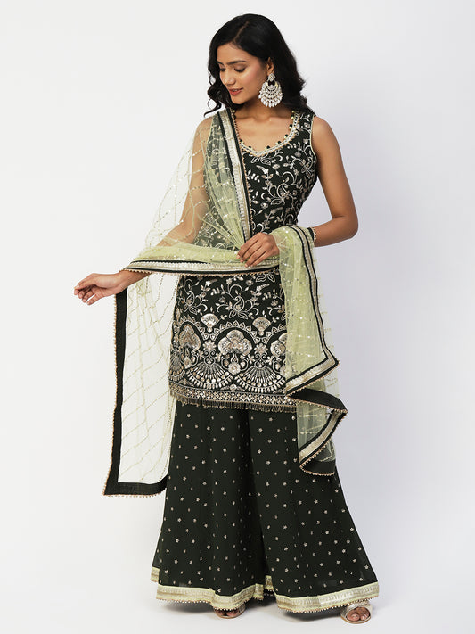 Green Georgette Sharara Suit with Gold Embroidery - PepaBai