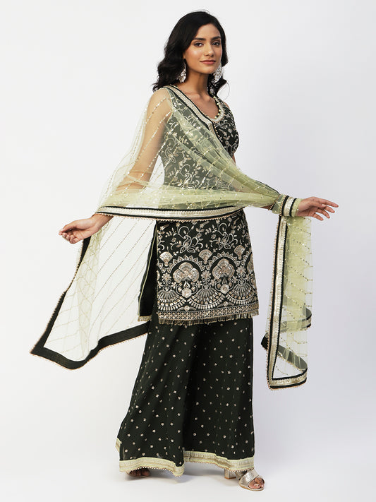 Green Georgette Sharara Suit with Gold Embroidery - PepaBai