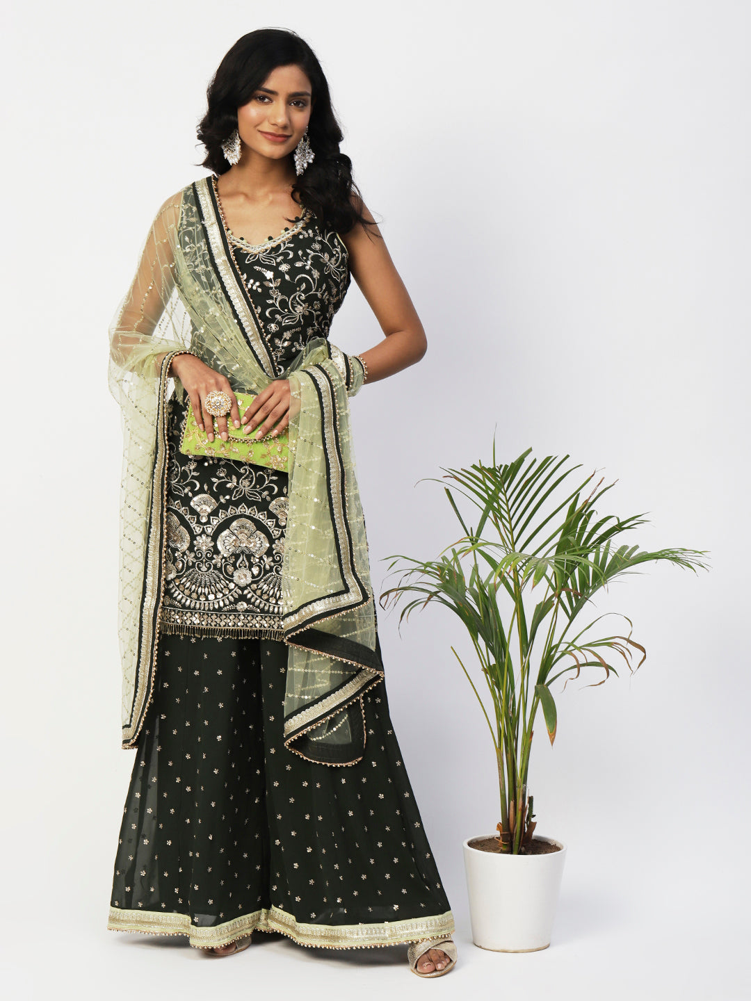 Green Georgette Sharara Suit with Gold Embroidery from PepaBai