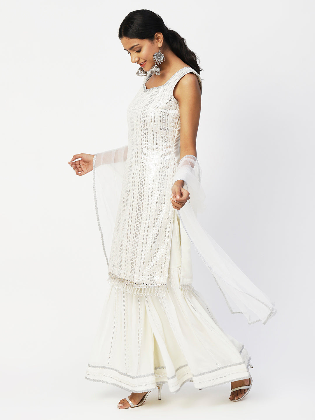 White Georgette Sharara Suit with Silver Sequin Embellishments - PepaBai