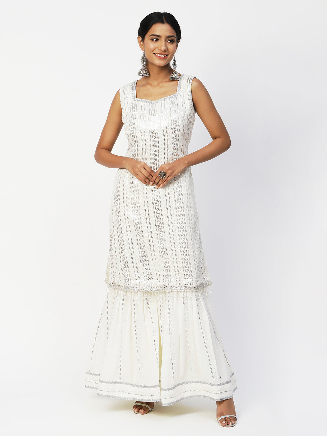 White Georgette Sharara Suit with Silver Sequin Embellishments - PepaBai