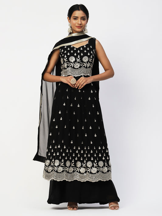 Black Georgette Long Kurti Sharara Set with Embroidery - Stylish Ethnic Wear - PepaBai
