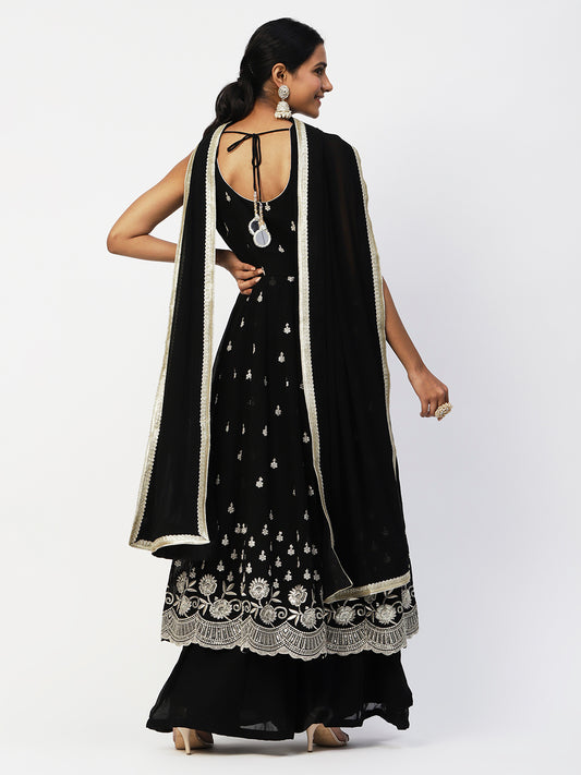 Black Georgette Long Kurti Sharara Set with Embroidery - Stylish Ethnic Wear - PepaBai