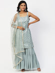 Blue Georgette Sage Sharara Set with Silver Sequin - Elegant Ethnic Wear - PepaBai