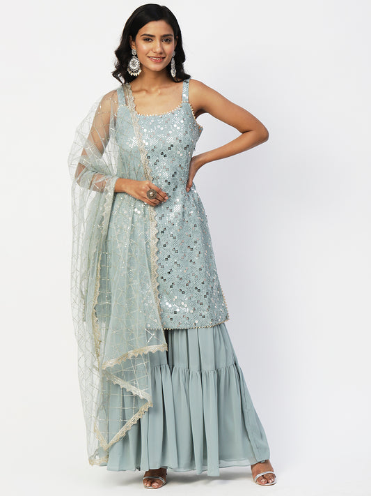 Blue Georgette Sage Sharara Set with Silver Sequin - Elegant Ethnic Wear - PepaBai