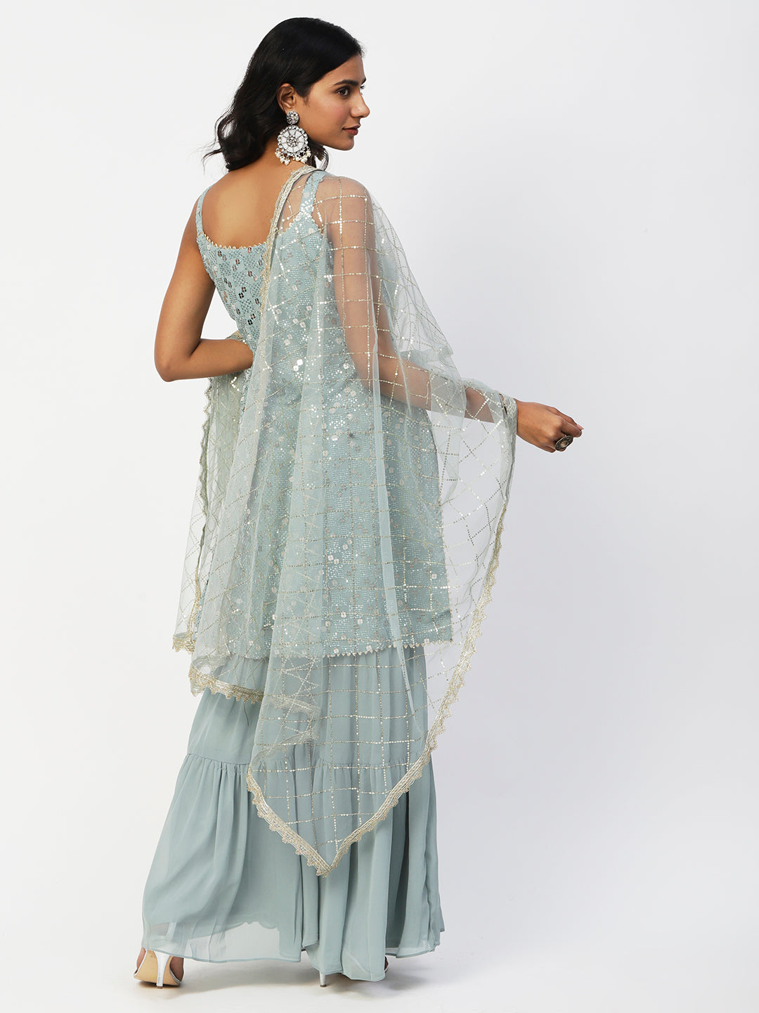 Blue Georgette Sage Sharara Set with Silver Sequin - Elegant Ethnic Wear - PepaBai