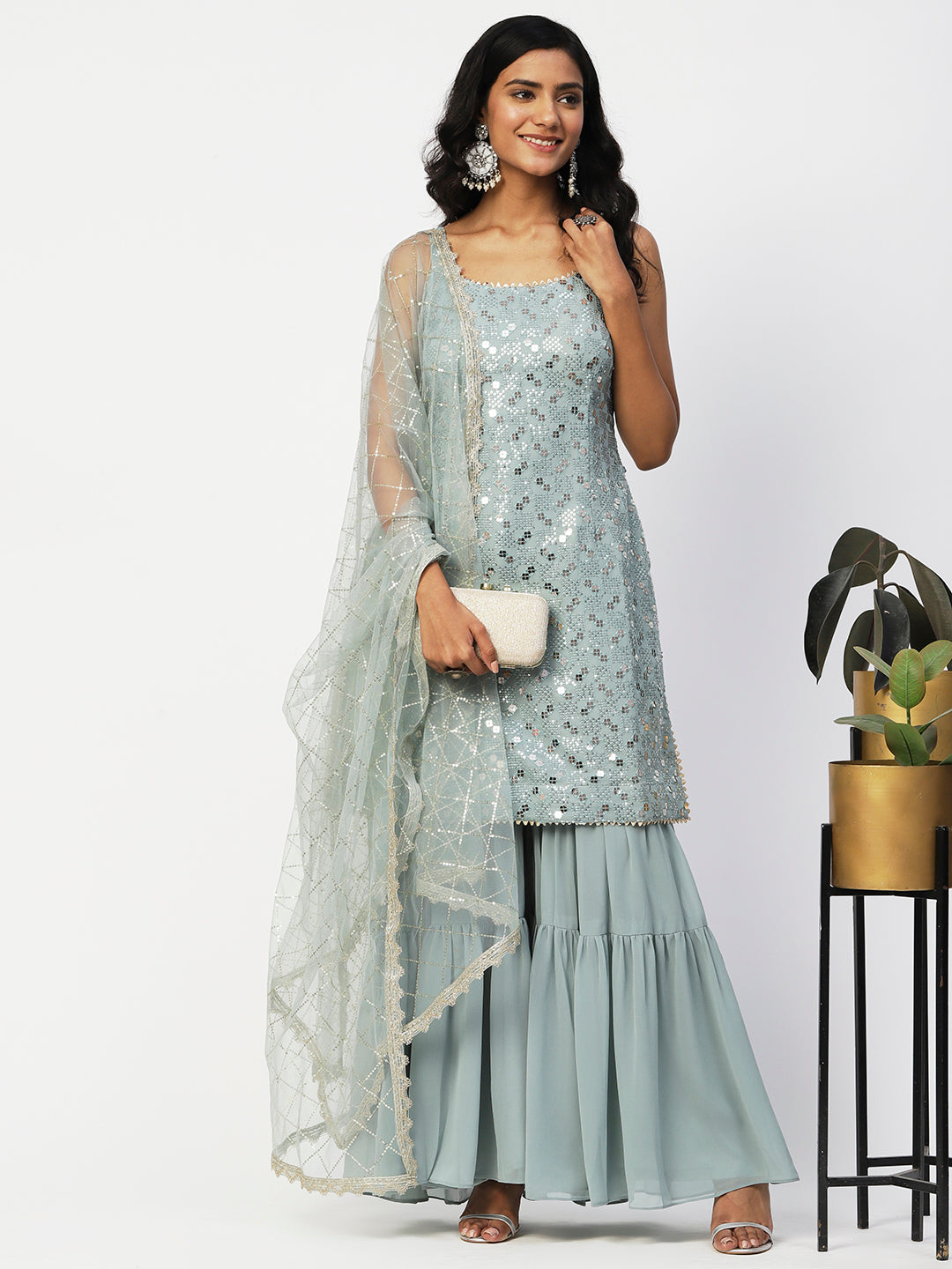 Blue Georgette Sage Sharara Set with Silver Sequin - Elegant Ethnic Wear - PepaBai