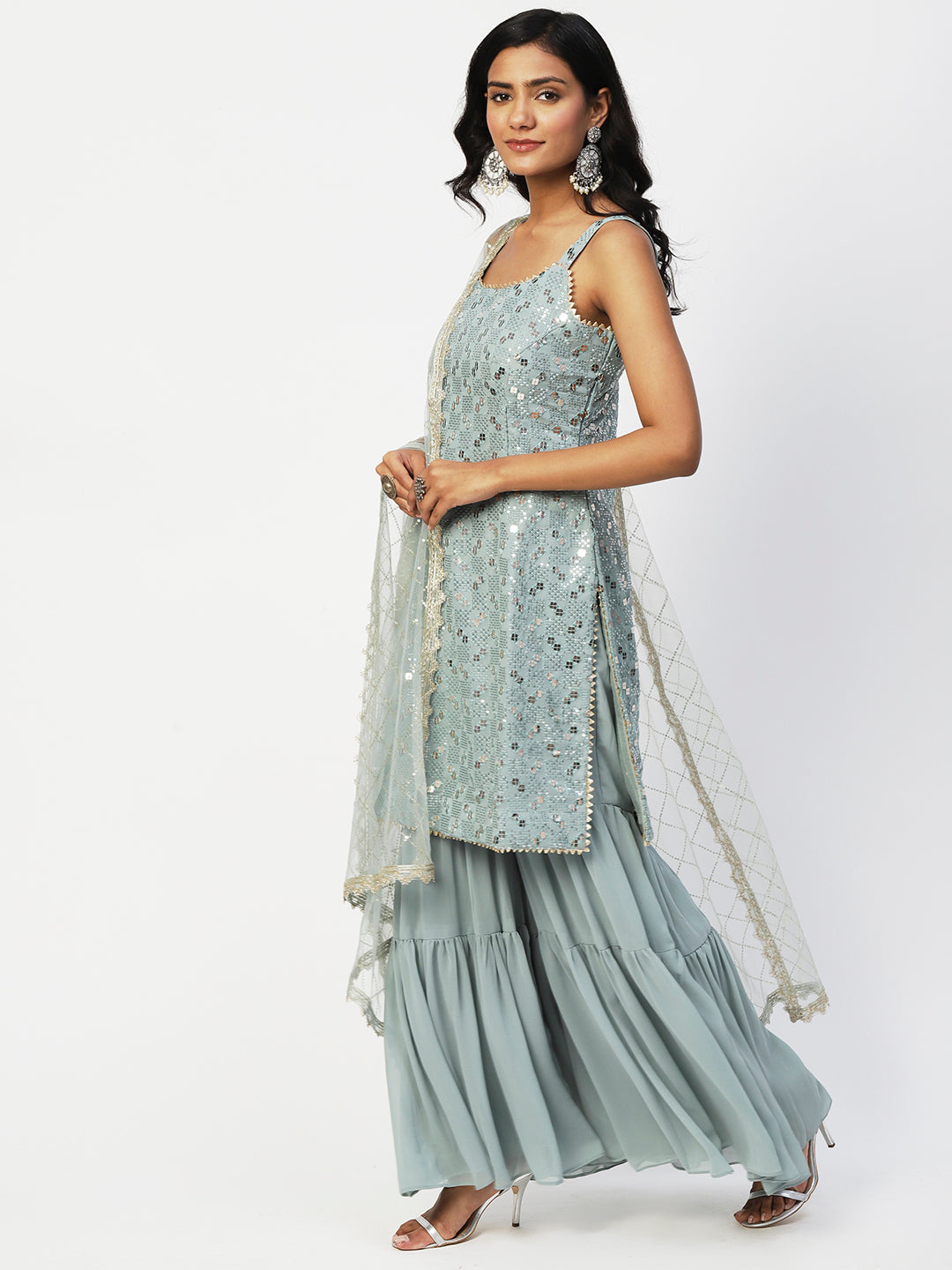 Blue Georgette Sage Sharara Set with Silver Sequin - Elegant Ethnic Wear - PepaBai