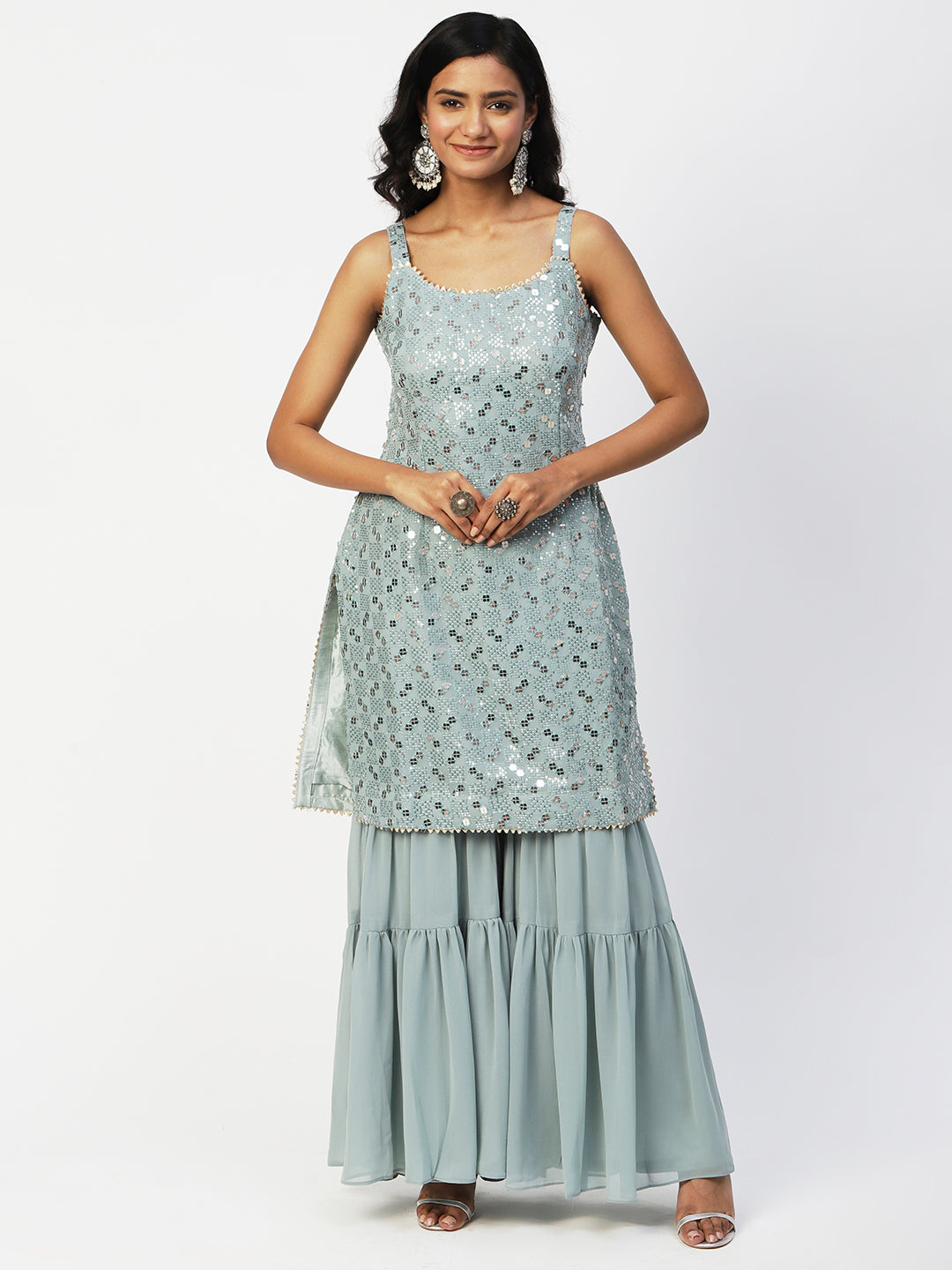 Blue Georgette Sage Sharara Set with Silver Sequin - Elegant Ethnic Wear - PepaBai