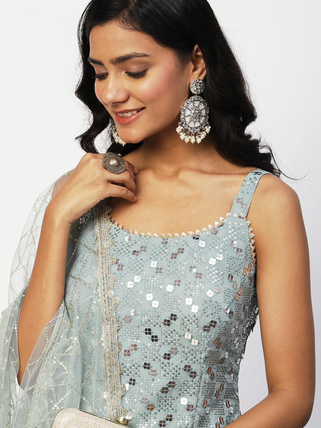 Blue Georgette Sage Sharara Set with Silver Sequin - Elegant Ethnic Wear - PepaBai