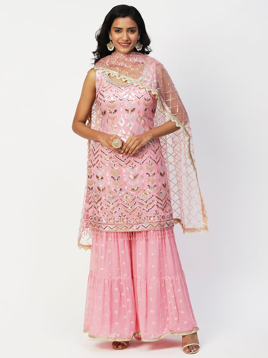 Pink Georgette Sharara Suit with Silver and Gold Sequin Embellishments - PepaBai