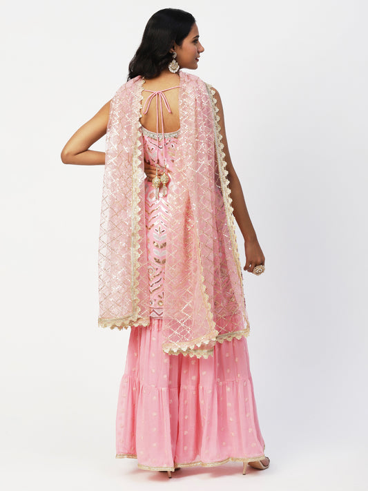 Pink Georgette Sharara Suit with Silver and Gold Sequin Embellishments - PepaBai