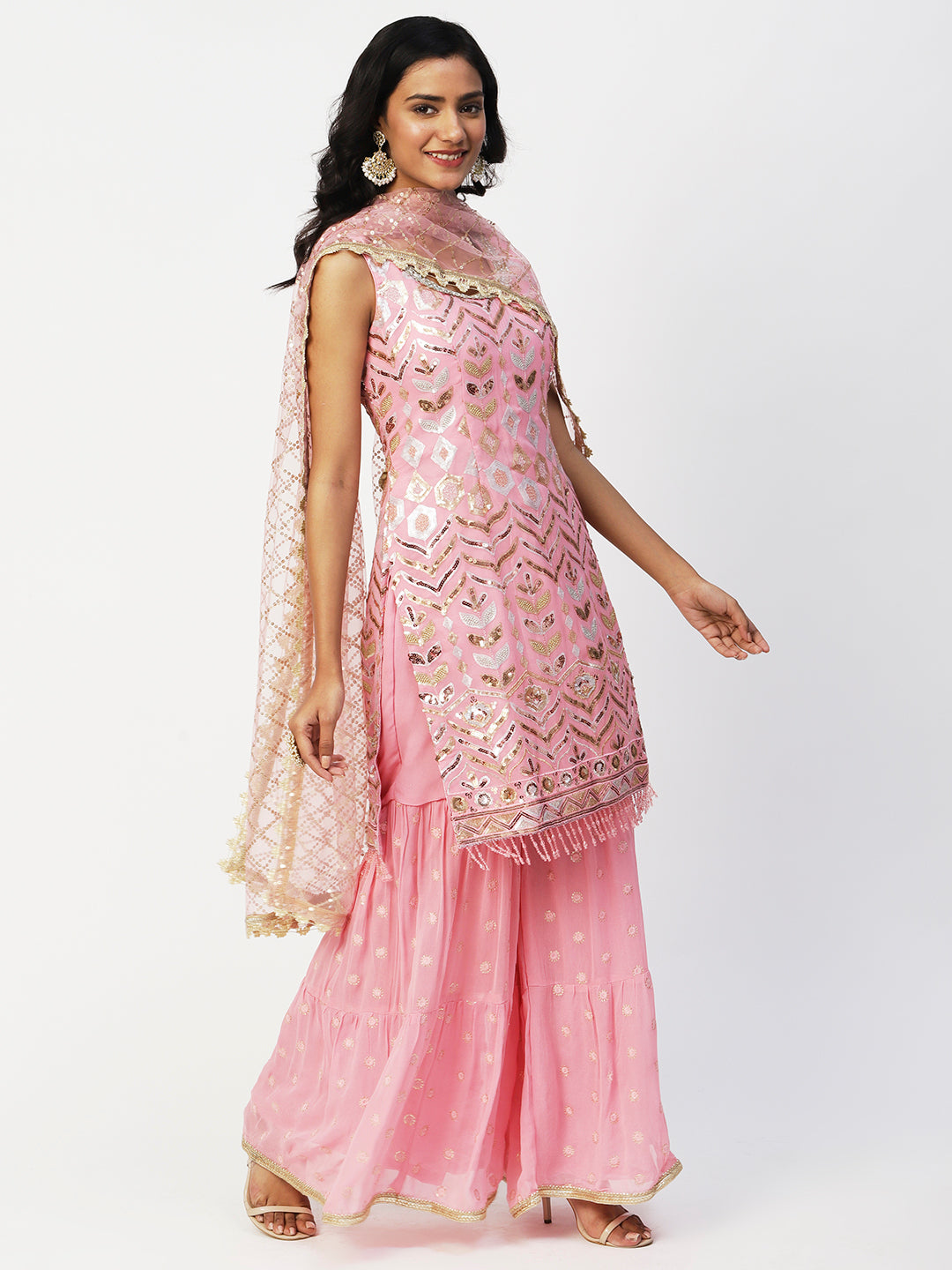 Pink Georgette Sharara Suit with Silver and Gold Sequin Embellishments - PepaBai