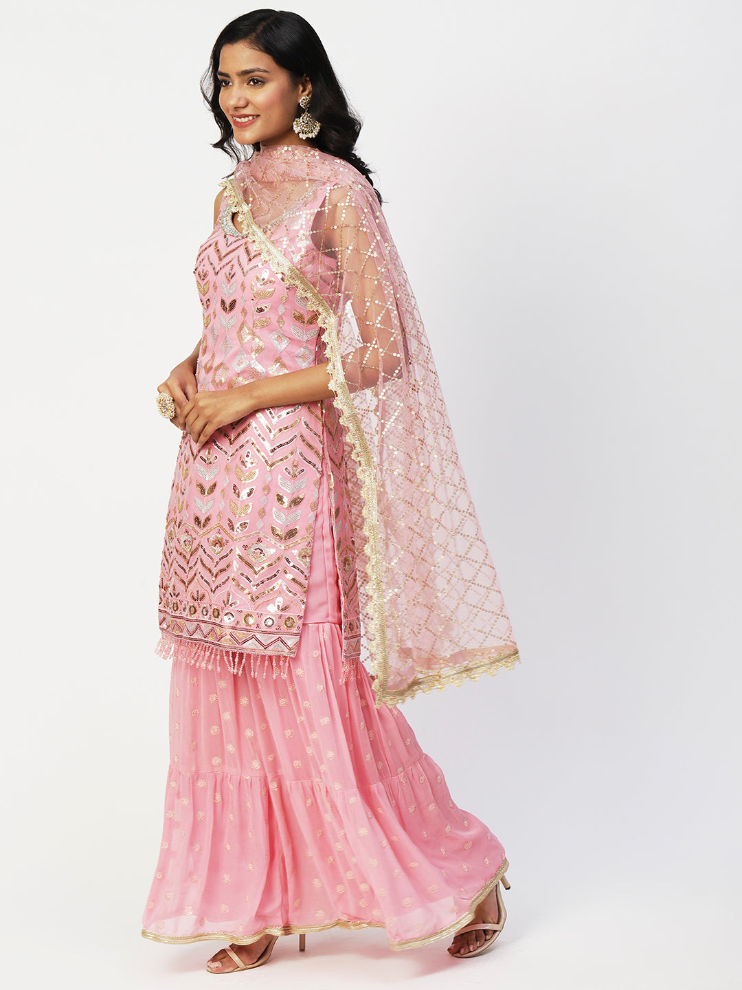 Pink Georgette Sharara Suit with Silver and Gold Sequin Embellishments from PepaBai