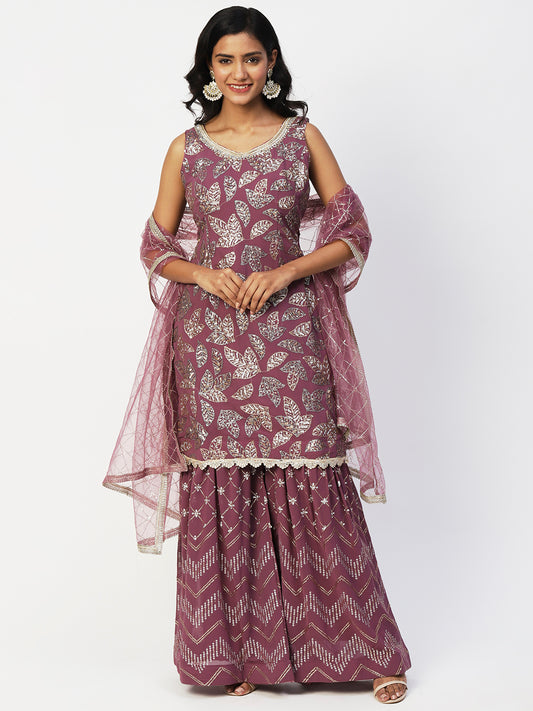 Mauve Pink Georgette Sharara Suit with Silver and Gold Sequins from PepaBai