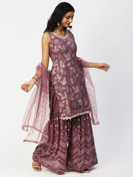 Mauve Pink Georgette Sharara Suit with Silver and Gold Sequins - PepaBai