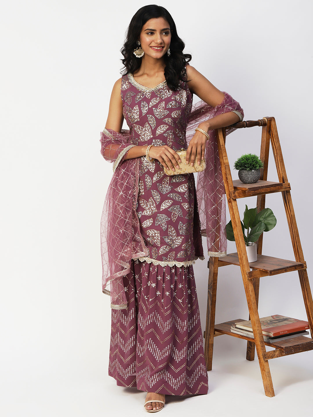 Mauve Pink Georgette Sharara Suit with Silver and Gold Sequins - PepaBai