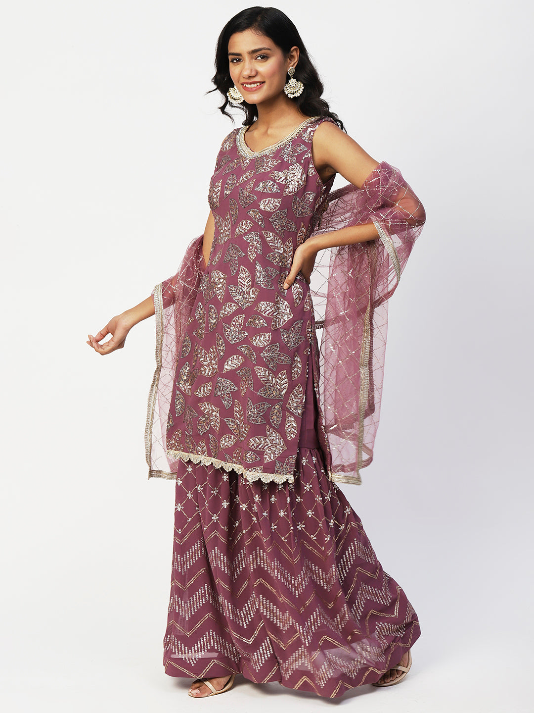 Mauve Pink Georgette Sharara Suit with Silver and Gold Sequins - PepaBai