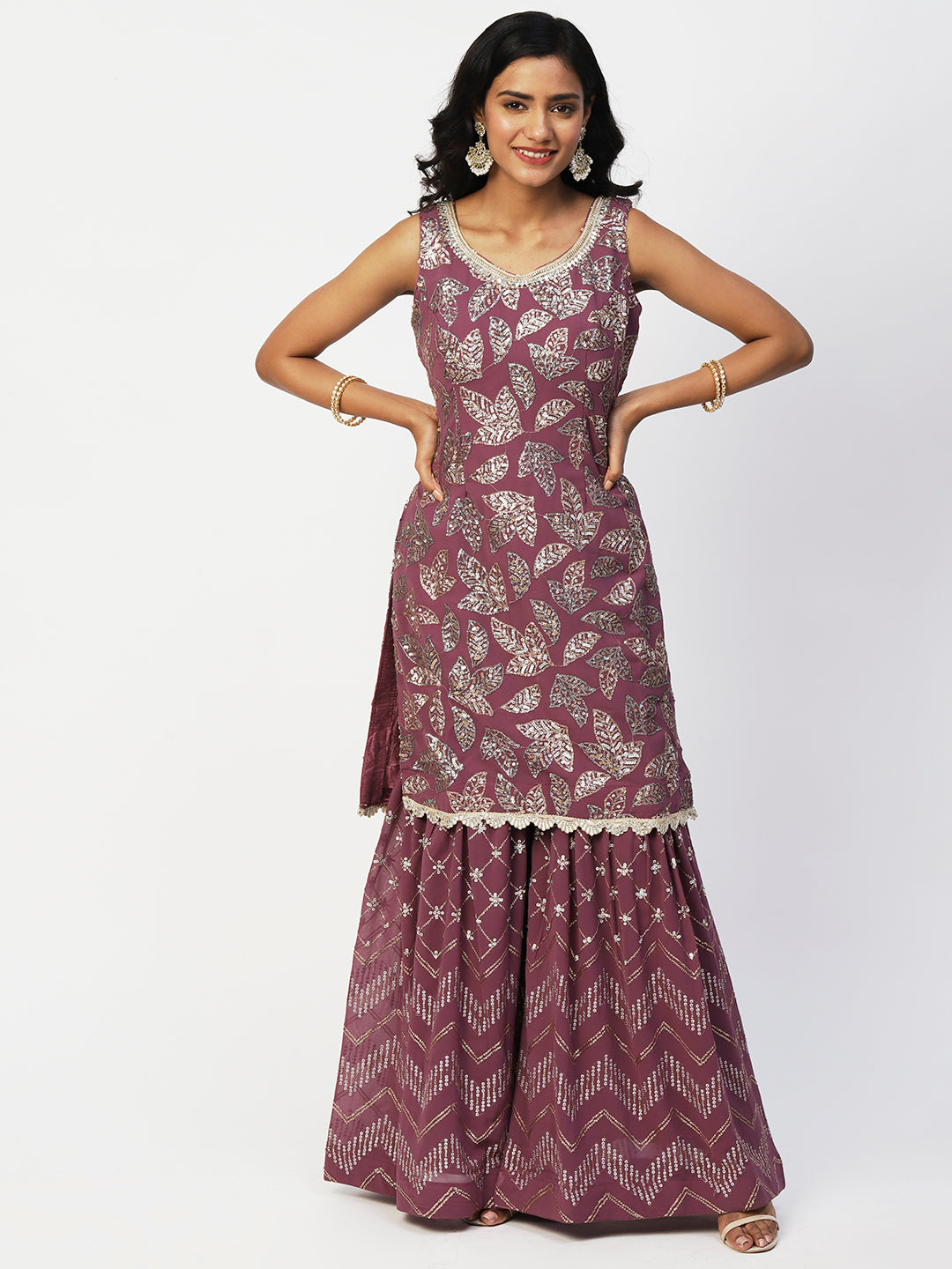 Mauve Pink Georgette Sharara Suit with Silver and Gold Sequins - PepaBai