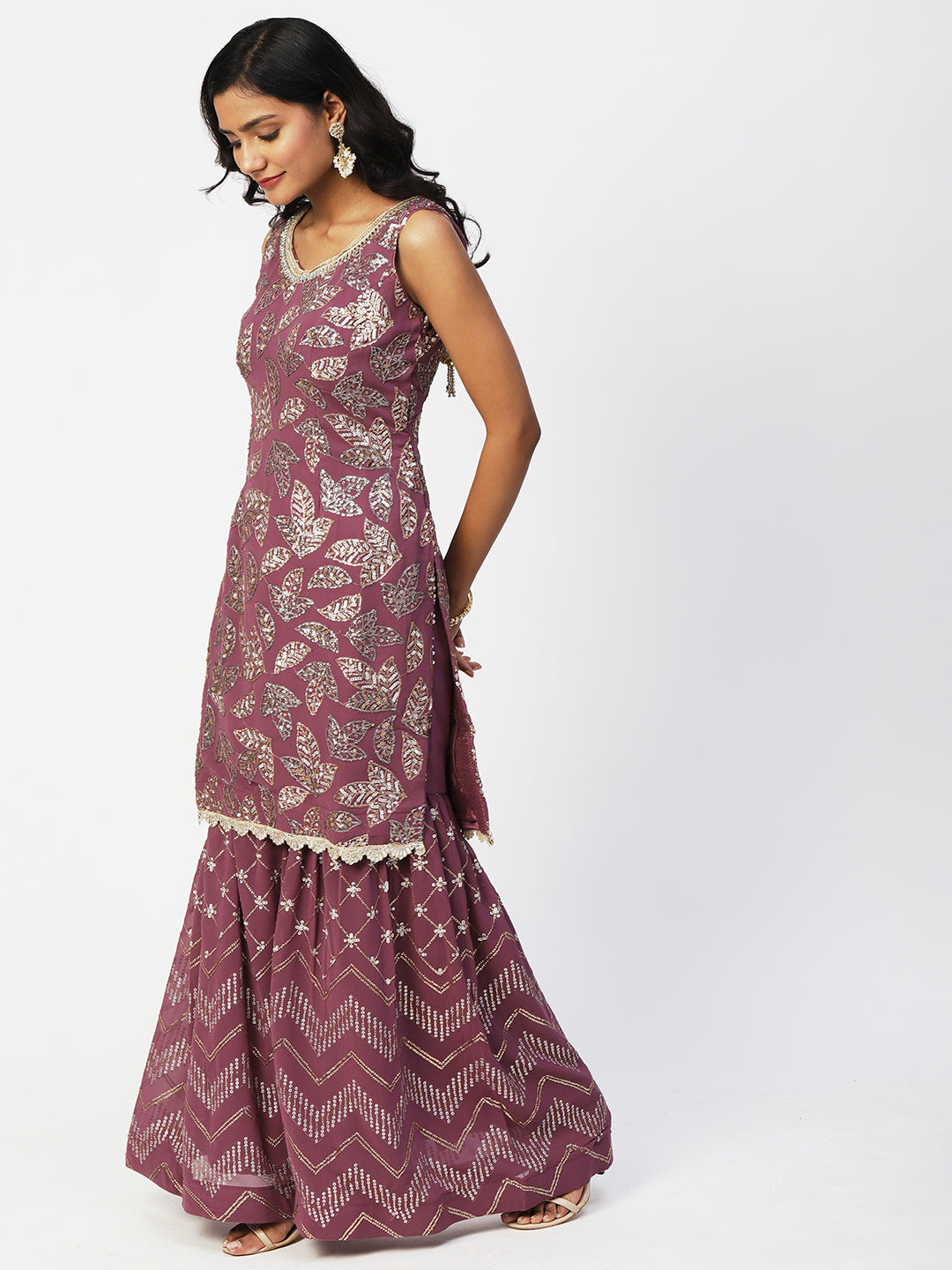 Mauve Pink Georgette Sharara Suit with Silver and Gold Sequins - PepaBai