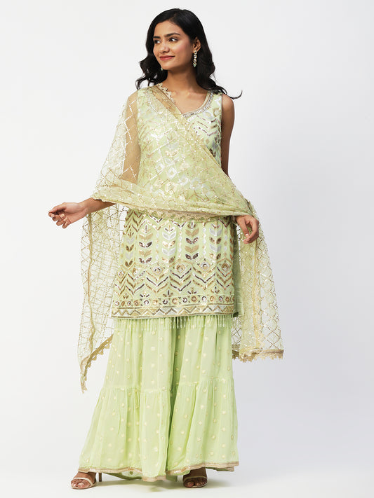 Lime Green Georgette Sharara Suit with Gold and Silver Sequins - PepaBai