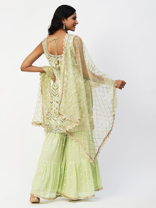 Lime Green Georgette Sharara Suit with Gold and Silver Sequins - PepaBai