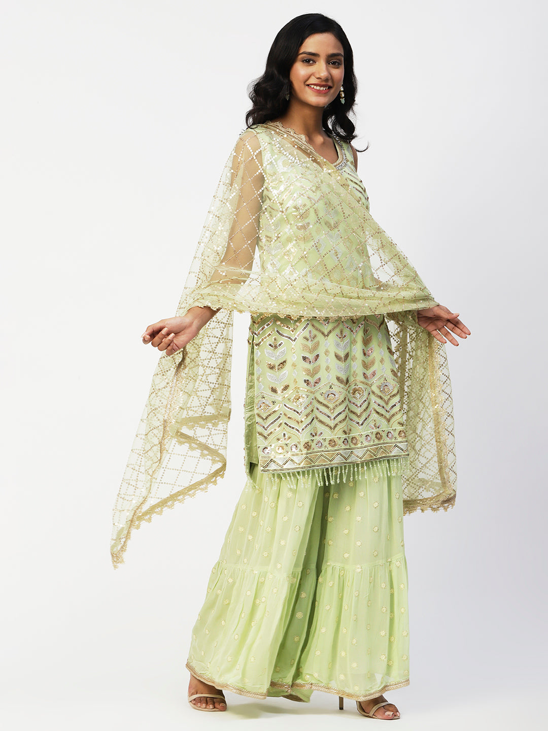 Lime Green Georgette Sharara Suit with Gold and Silver Sequins - PepaBai