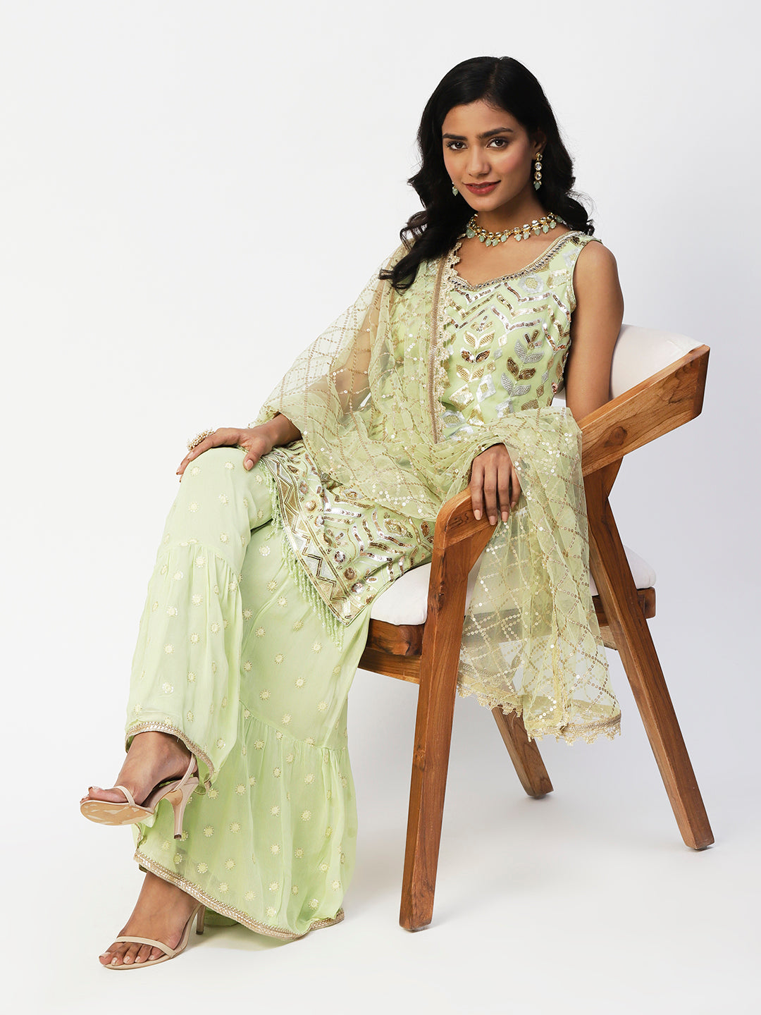 Lime Green Georgette Sharara Suit with Gold and Silver Sequins - PepaBai