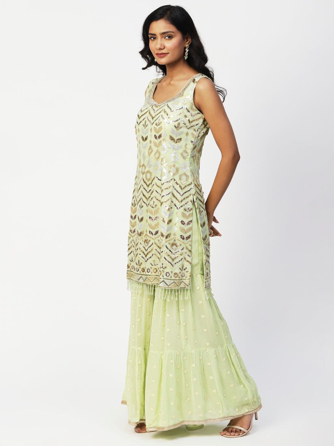 Lime Green Georgette Sharara Suit with Gold and Silver Sequins - PepaBai