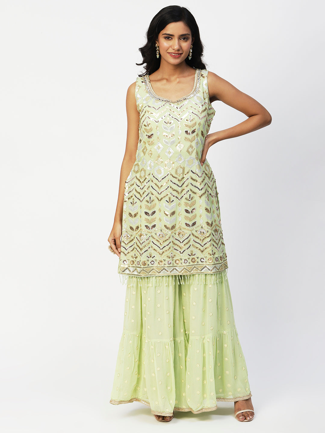 Lime Green Georgette Sharara Suit with Gold and Silver Sequins - PepaBai