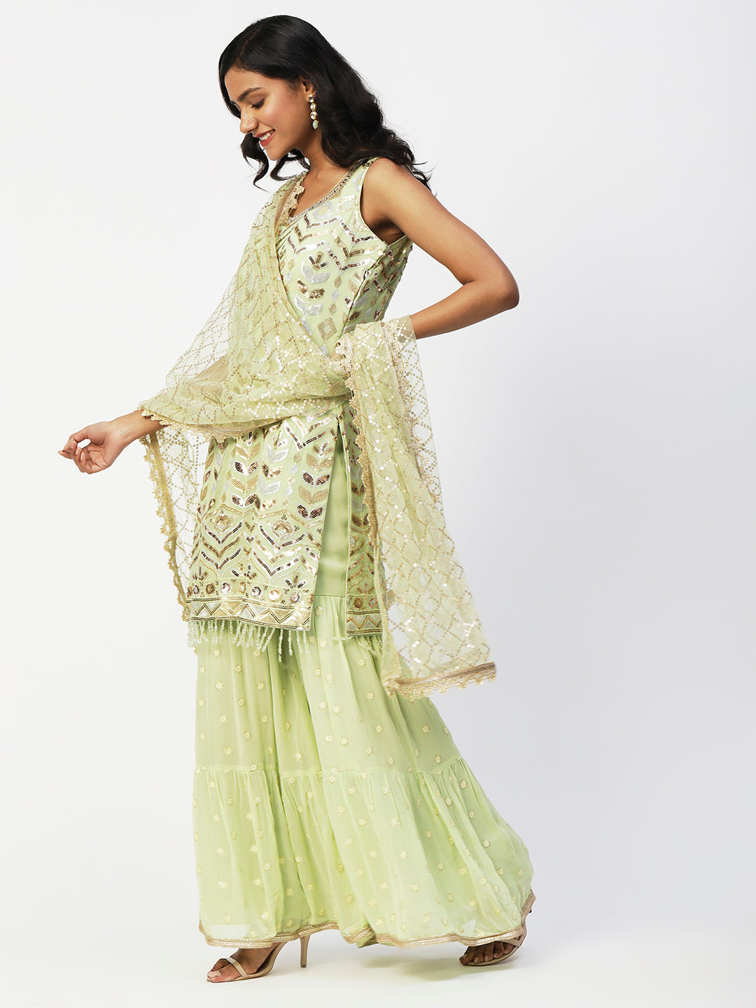 Lime Green Georgette Sharara Suit with Gold and Silver Sequins - PepaBai