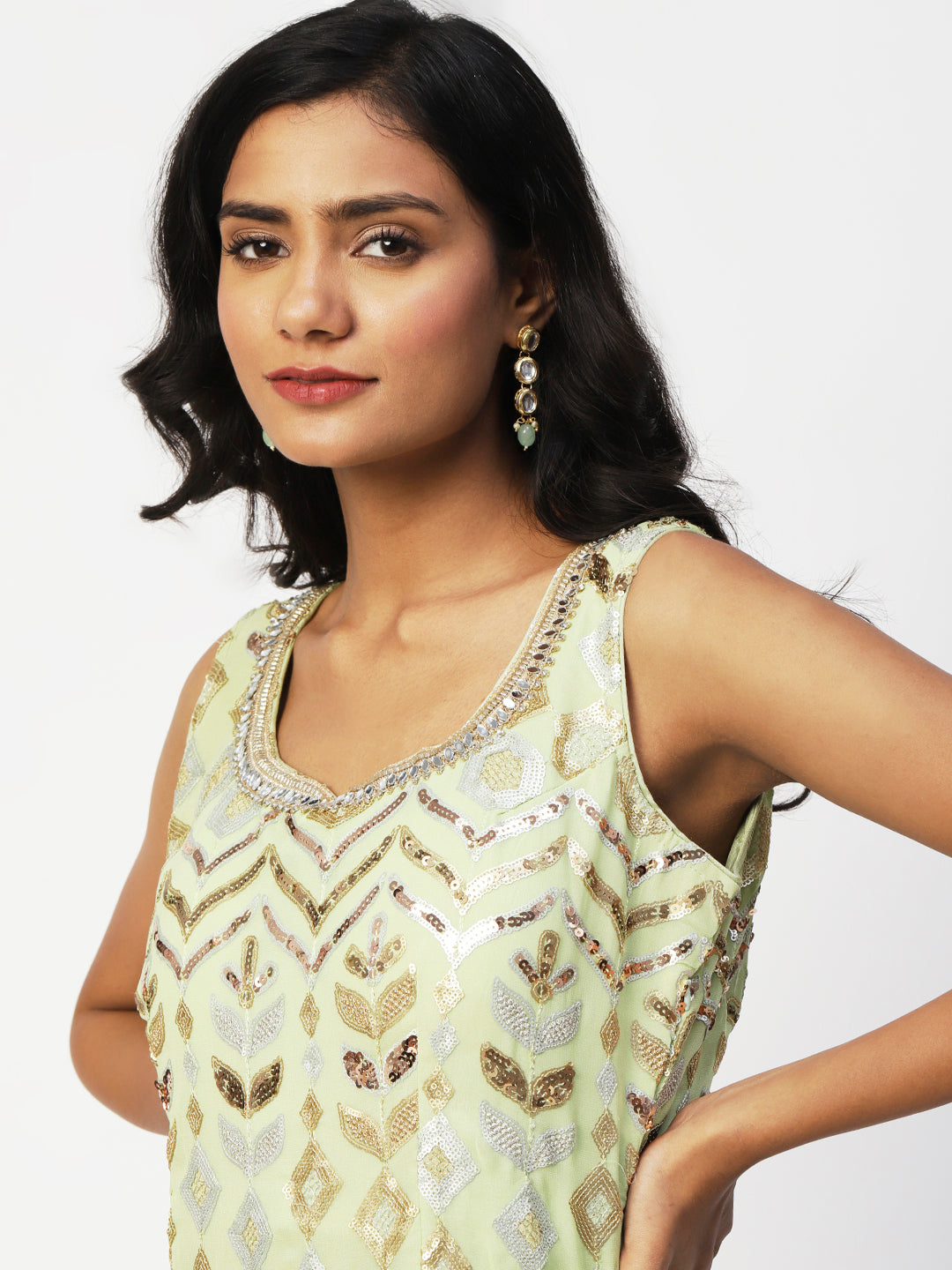 Lime Green Georgette Sharara Suit with Gold and Silver Sequins - PepaBai