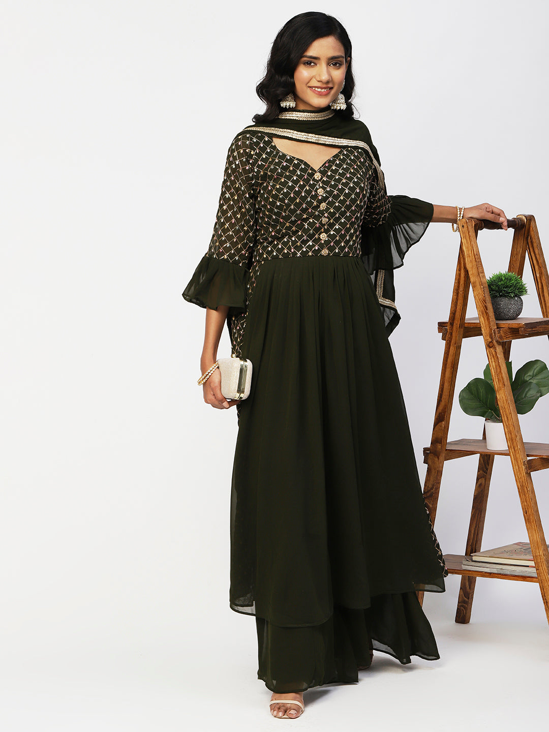 Green Georgette Sharara Suit With Embroidery - PepaBai