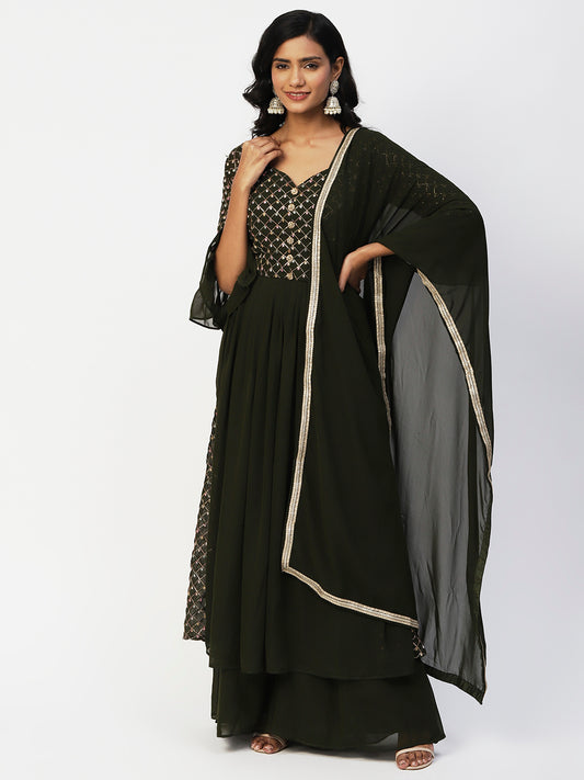 Green Georgette Sharara Suit With Embroidery - PepaBai