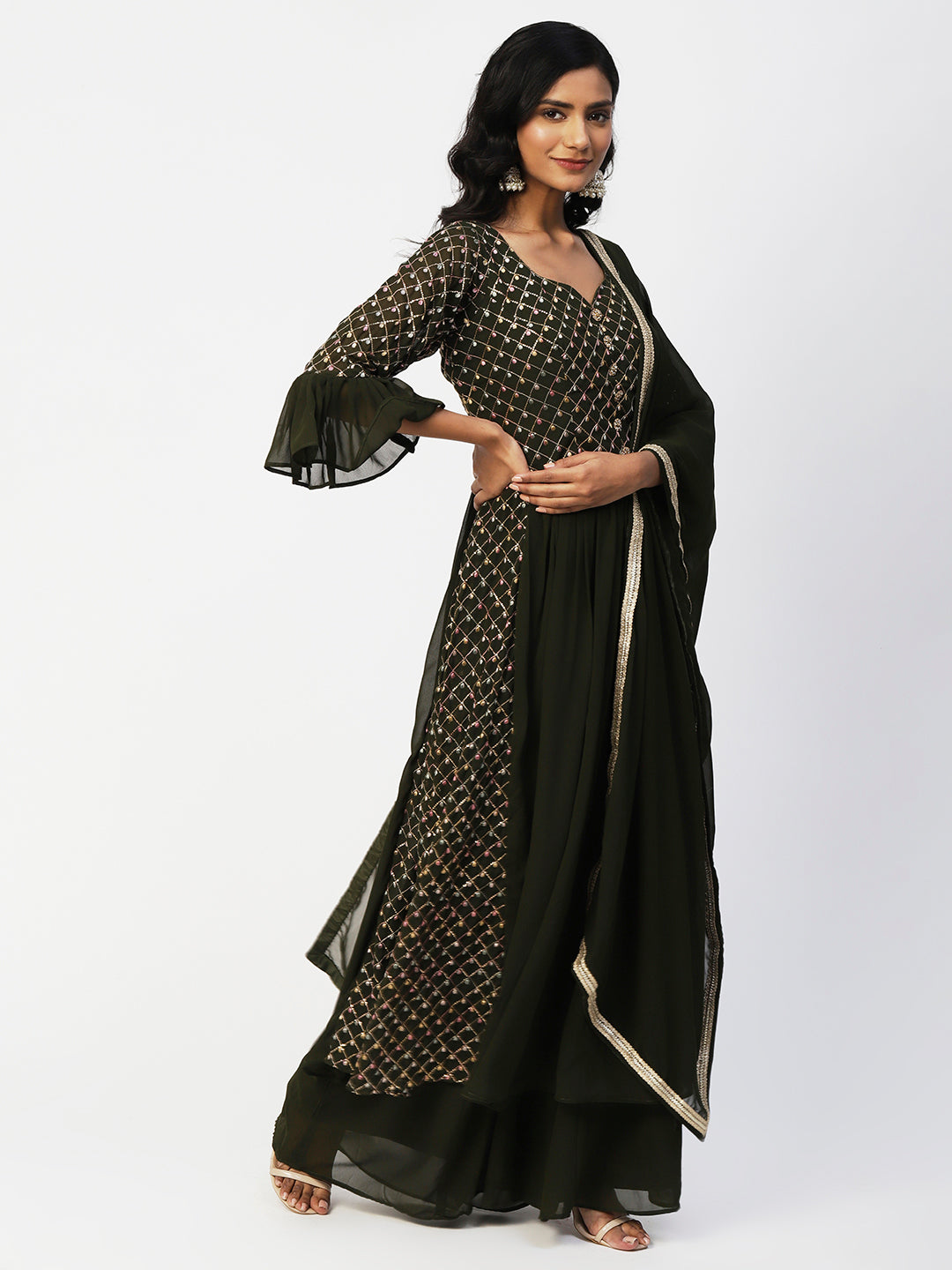 Green Georgette Sharara Suit With Embroidery - PepaBai