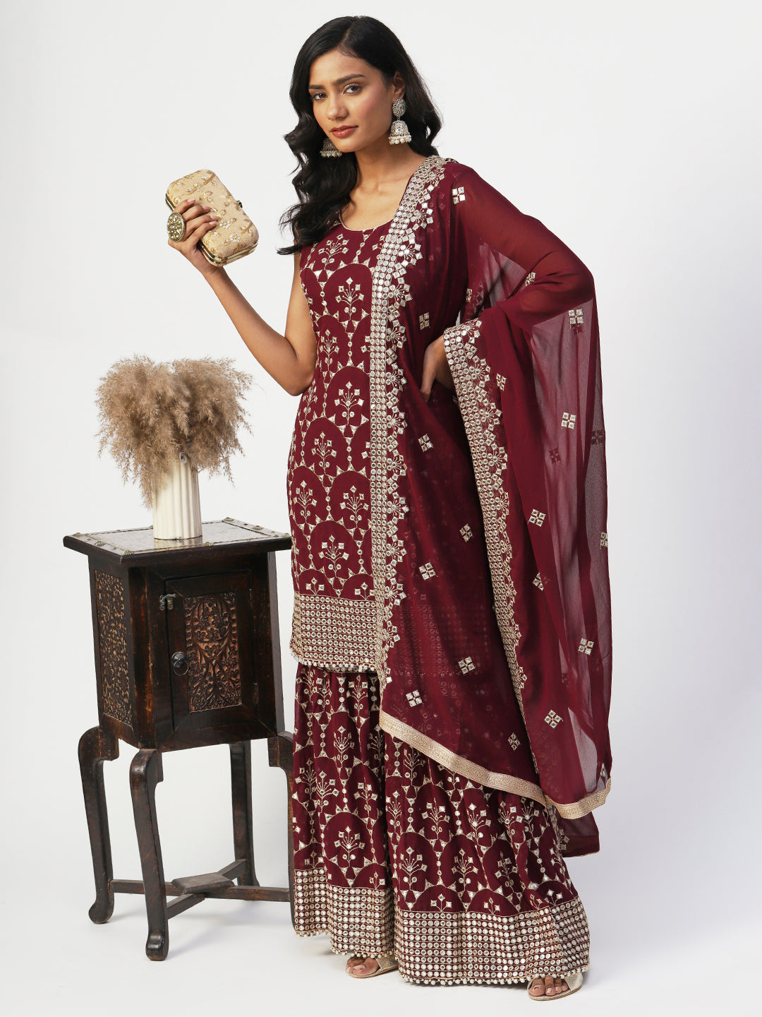 Maroon Georgette Sharara Suit With Embroidery - PepaBai