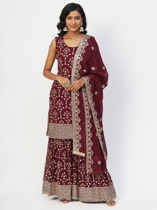 Maroon Georgette Sharara Suit With Embroidery from PepaBai
