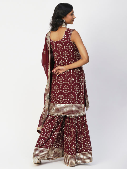 Maroon Georgette Sharara Suit With Embroidery - PepaBai