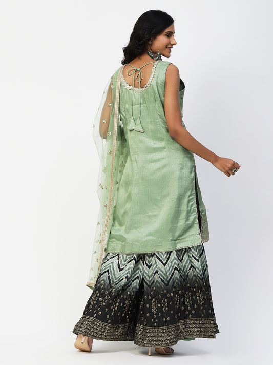 Light Green Dola Silk Sharara Suit With Embroidery - PepaBai