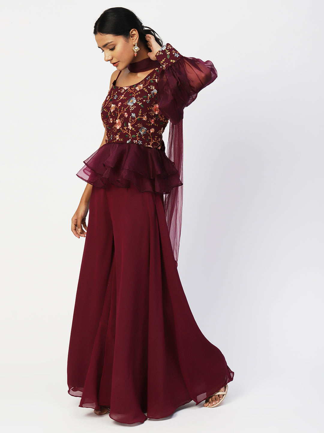 Wine Georgette Sharara Suit With flower pattern Embroidery - PepaBai