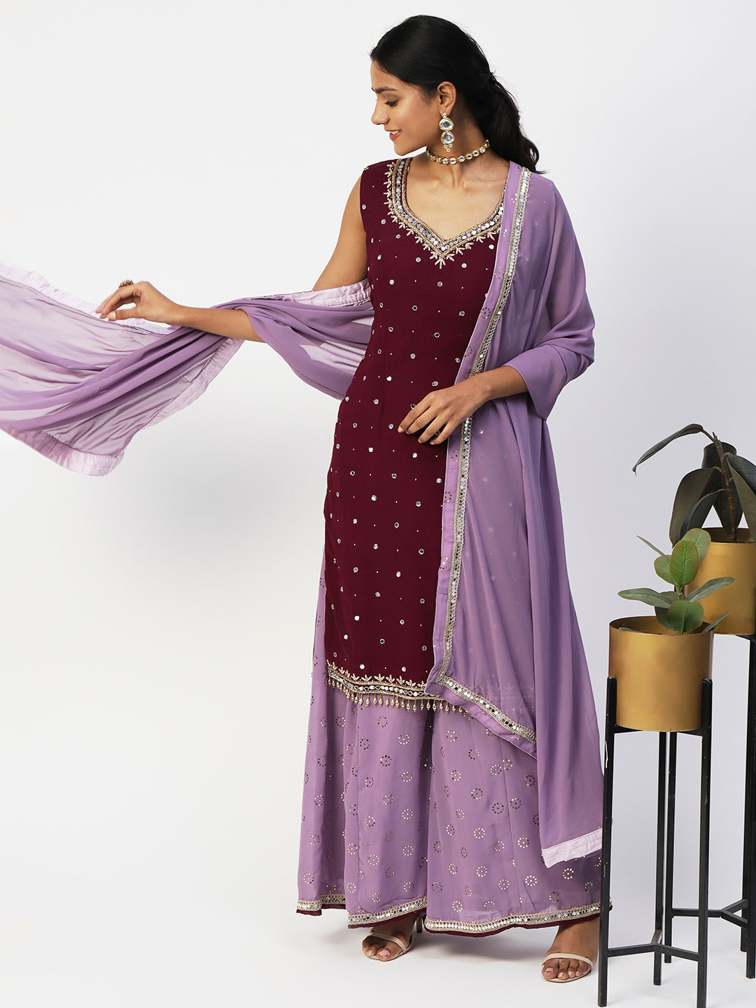 Wine & Purple Georgette Sharara Suit With Embroidery - PepaBai