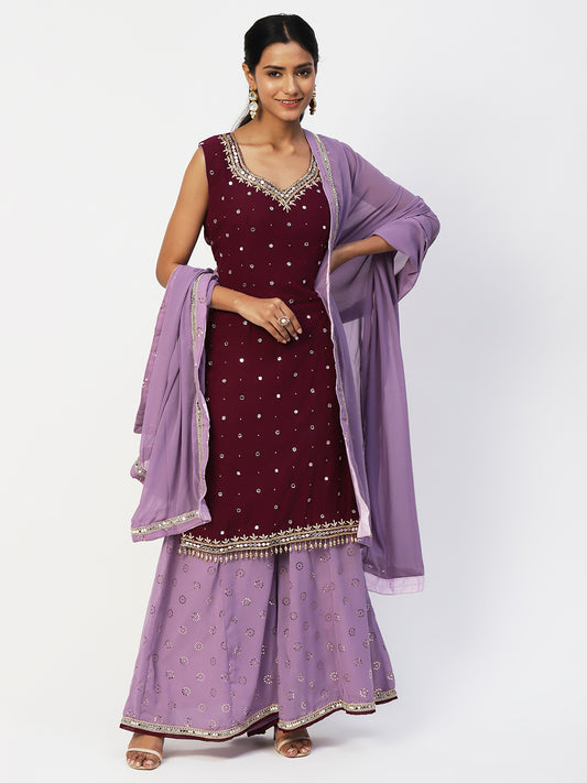 Wine & Purple Georgette Sharara Suit With Embroidery - PepaBai